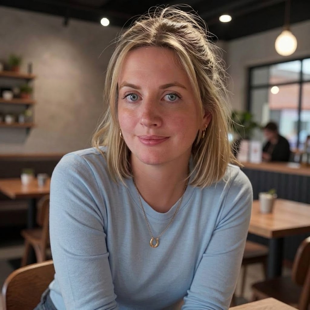 Kate Taylor smiling in a café