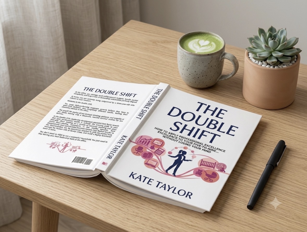 Hardcover copy of The Double Shift by Kate Taylor on a wooden table